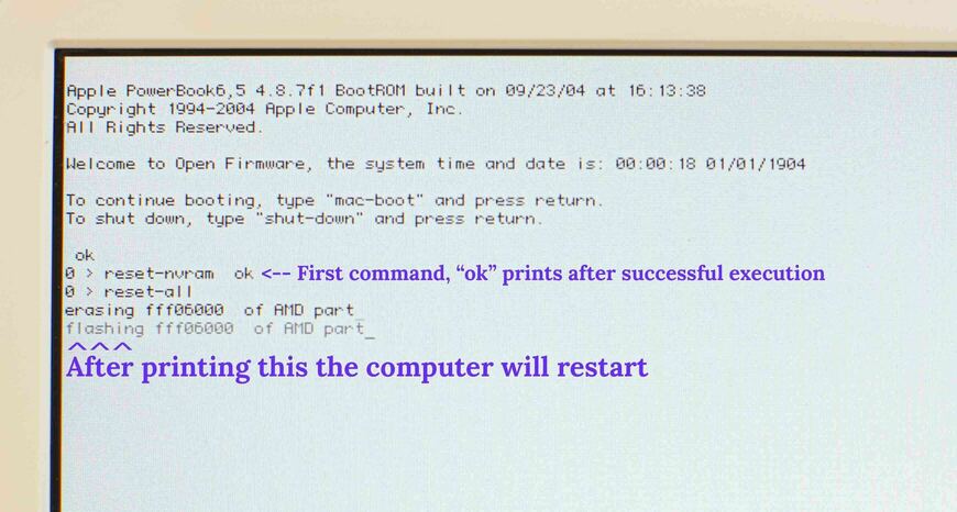 OpenFirmware prompt with reset commads completed successfully